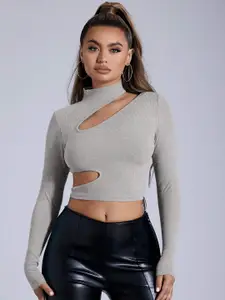 StyleCast Women High Neck Cut Out Fitted Crop Top