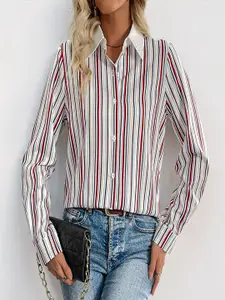 StyleCast Women Spread Collar Vertical Striped Casual Shirt
