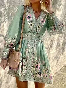 StyleCast Women Floral Printed  Fit and Flare Dress with Belt