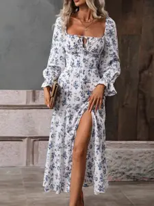 StyleCast White Floral Print Square Neck Puff Sleeve Fit & Flare Maxi Dress