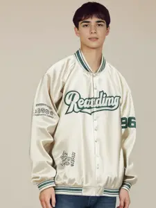 StyleCast x Revolte Men Stand Collar Typography Printed Casual Varsity Jacket