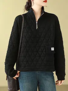 StyleCast x Revolte Black Self Design Mock Collar Half Zipper Sweatshirt