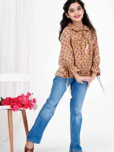 DMP FASHION Floral Print Tie-Up Neck Bell Sleeve Cotton Blouson Top