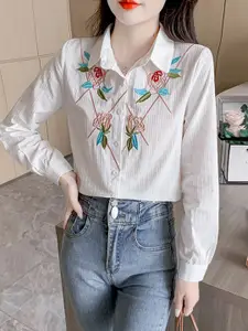 StyleCast Women Spread Collar Floral Embroidered Cotton Casual Shirt