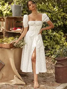 StyleCast White Floral Printed Square Neck Side Slit A-Line Midi Dress