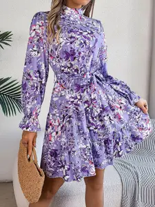 StyleCast x Revolte Floral Printed High Neck Puff Sleeves Georgette Fit & Flare Dress