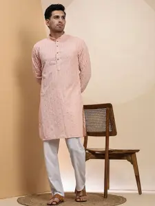 Pro-Ethic STYLE DEVELOPER Geometric Embroidered Mandarin Collar Sequinned Cotton Kurta