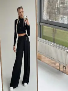 StyleCast Black High Neck Long Sleeves Crop Top With Trouser