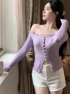 StyleCast Women Off-Shoulder Long Sleeves Front-Open Sweater