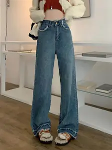 StyleCast Women Straight Fit High-Rise Cotton Jeans with Frayed Details