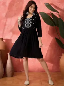 Sangria Embroidered Flared Above Knee Dress