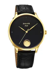 Sonata Men Brass Dial & Leather Straps Analogue Watch 7153YL01
