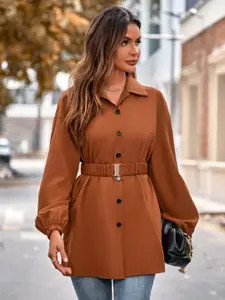 StyleCast Brown Puff Sleeves Shirt Style Longline Top
