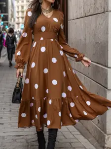 StyleCast Brown Polka Dot Print Puff Sleeve Fit & Flare Midi Dress