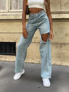 StyleCast Women Straight Fit High-Rise Highly Distressed Heavy Fade Cotton Jeans