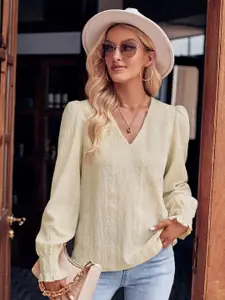 StyleCast Beige Self Design Puff Sleeves Regular Top