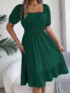 DressBerry Women Green Square Neck Fit and Flare Midi Dress