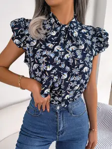 all about you Floral Print Tie-Up Neck Puff Sleeve Top