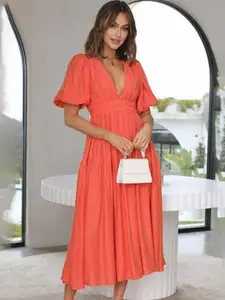 StyleCast Peach Coloured V-Neck Flared Sleeve Empire Midi Dress