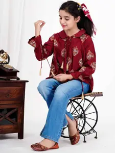 DMP FASHION Girl Floral Print Tie-Up Neck Blouson Top