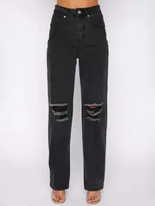 StyleCast Women Straight Fit High-Rise Slash Knee Dark Shade Jeans