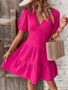 StyleCast Pink Puff Sleeve Cotton Fit & Flare Dress