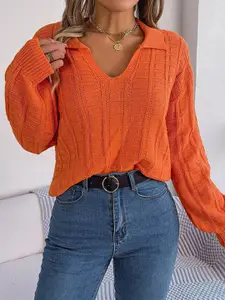 StyleCast Orange Cable Knit Self Design Pullover Sweater