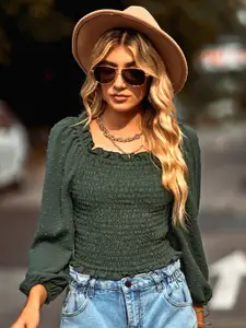 StyleCast Green Self Design Puff Sleeve Smocking Detaied Fitted Top