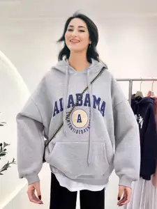 StyleCast Women Typography Printed Hooded Pullover Ribbed Sweatshirt