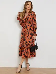 StyleCast Orange & Black Floral Print Fit & Flare Midi Dress