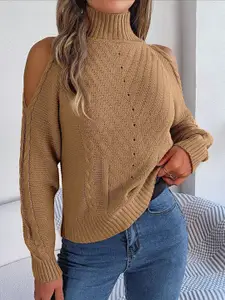 StyleCast Brown Cable Knit Self Design Acrylic Pullover