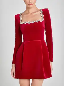StyleCast x Revolte Red Embellished Fit & Flare Mini Dress with Long Sleeves