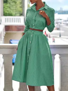 StyleCast Green Striped Crop Shirt With Skirt Co-Ords Set