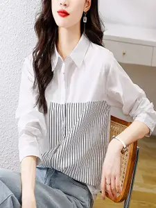 StyleCast Women Spread Collar Vertical Striped Cotton Casual Shirt