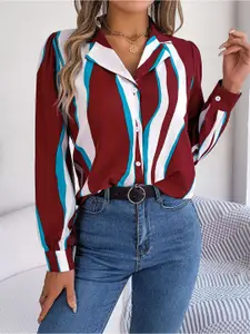 StyleCast x Revolte Women Cuban Collar Vertical Striped Casual Shirt