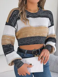 StyleCast Khaki Colourblocked Ribbed Acrylic Crop Pullover