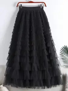 StyleCast Black Frills Bows and Ruffles Flared Maxi Skirt