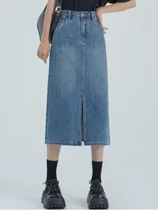 StyleCast Denim Front Slit Midi Skirt