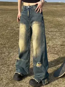 StyleCast x Revolte Women Wide Leg Mildly Distressed Heavy Fade Jeans