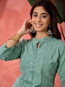 Sangria Women Embroidered Mandarin Collar Straight Kurta