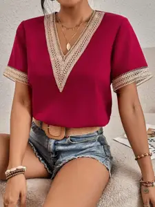 StyleCast V-Neck Lace Solid Top