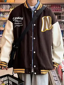 StyleCast x Revolte Men Stand Collar Typography Printed Casual Varsity Jacket