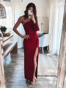 StyleCast Maroon One Shoulder Gathered Or Pleated Sheath Maxi Dress