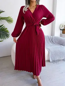 StyleCast Maroon  V-Neck Accordion Pleats Chiffon Maxi Dress