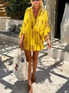 StyleCast x Revolte Tie and Dye Dyed Flared Sleeve Crepe Fit & Flare Mini Dress