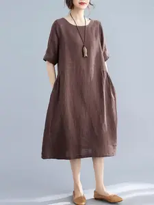 StyleCast Brown Round Neck A-Line Midi Dress