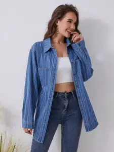 StyleCast Women Oversized Fit Spread Collar Vertical Striped Cotton Casual Shirt