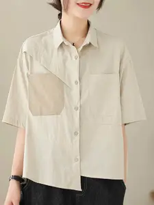 StyleCast Beige Shirt Collar Drop Shoulder Cotton Casual Shirt