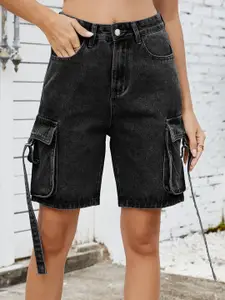 StyleCast Women Charcoal Solid Cargo Denim Shorts