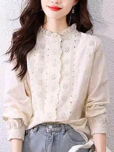 StyleCast Women High Neck Cotton Schiffli Shirt Style Top